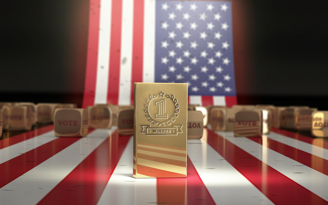 American Flag & Gold Bar indicating "Winner" in front of gold bars that say "Vote"