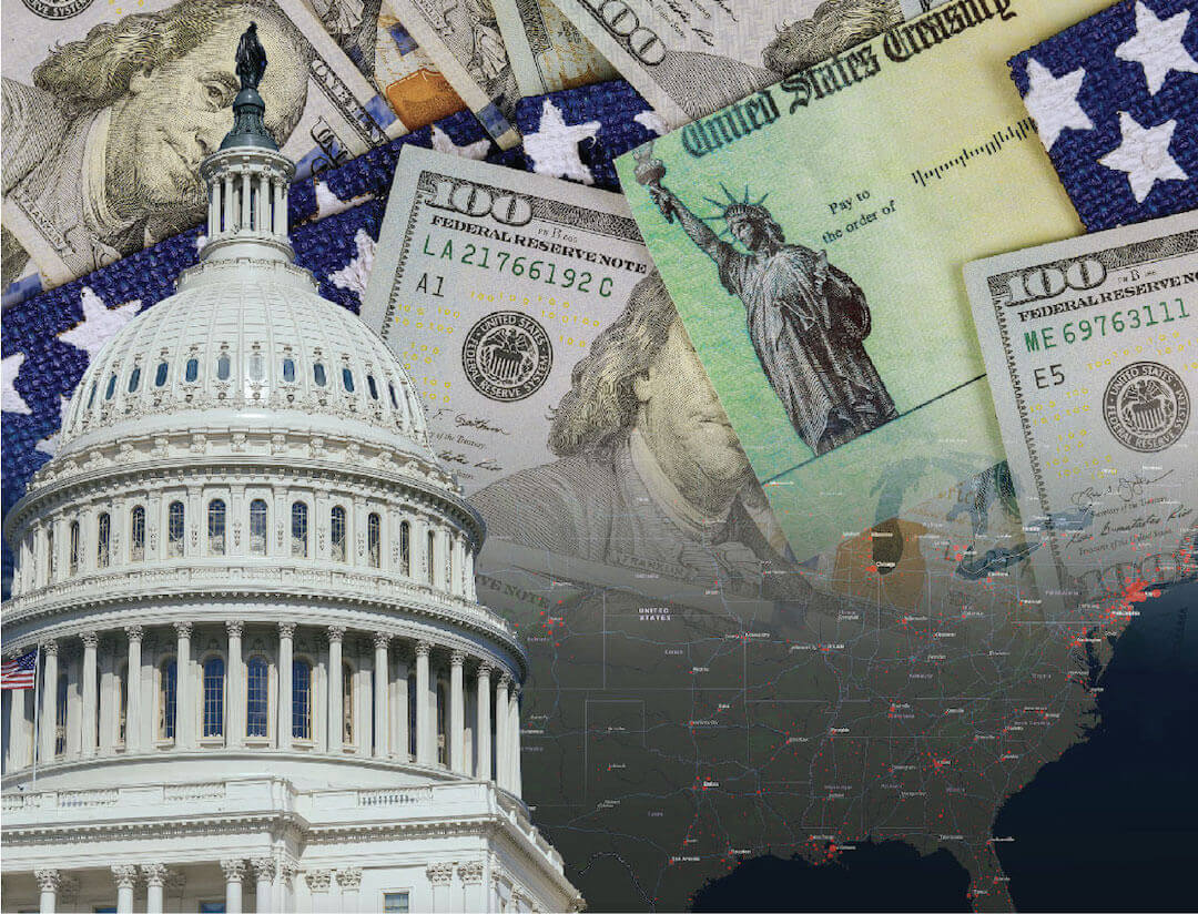 US Capitol, American flag, tax refund check, dollars and US Map montage