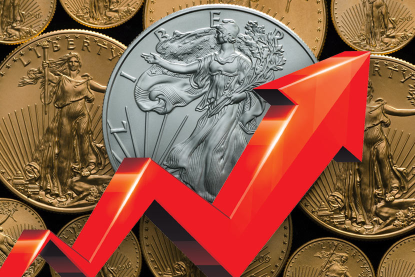 Gold and silver coins with red arrow indicating upward momentum