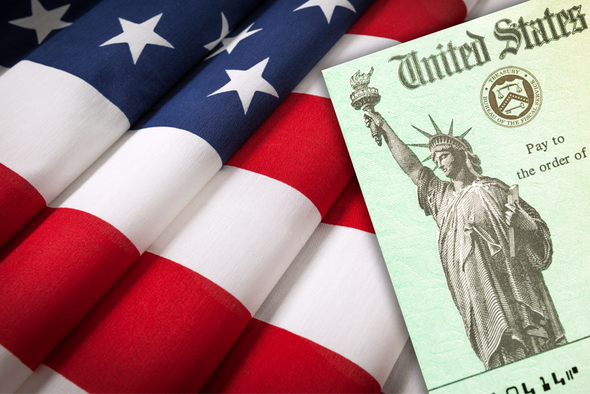 US flag and US treasury tax refund check