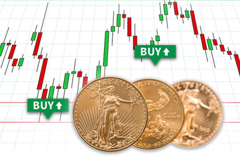 Gold American Eagle coins on top of graph that shows the words "Buy" with an arrow pointing upward