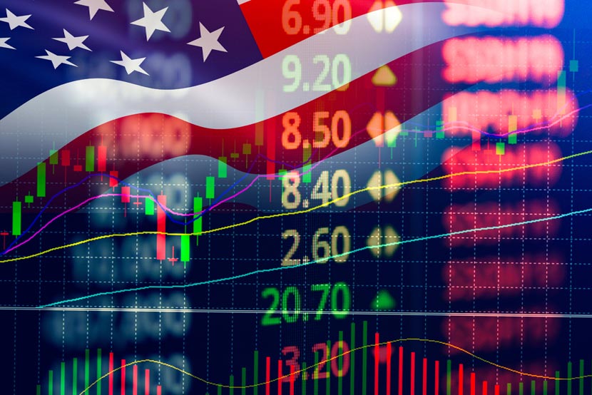 US flag over stock market quotes