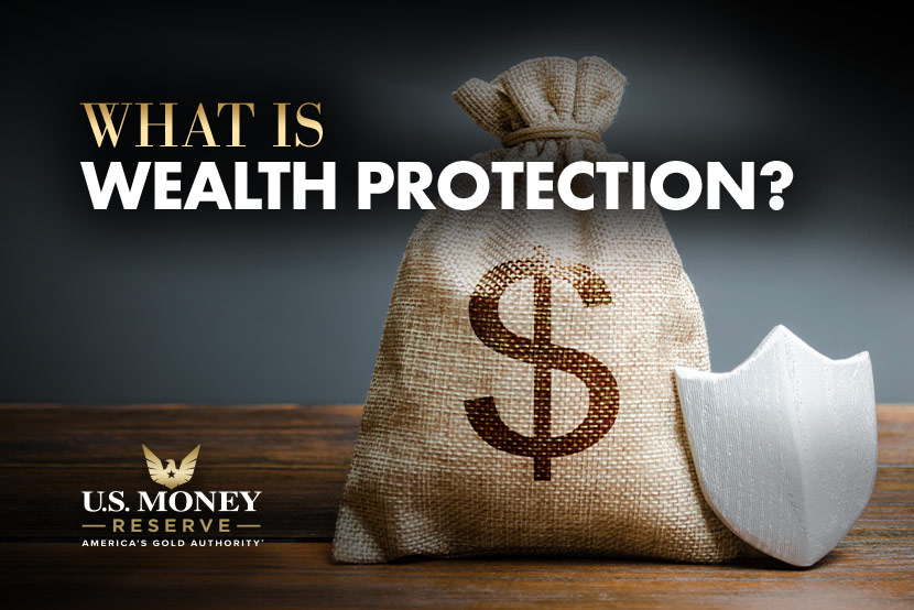 A burlap bag with a dollar sign next to a shield with text "What Is Wealth Protection?"