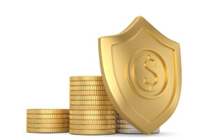 Stacks of gold coins behind a golden shield featuring a U.S. dollar sign