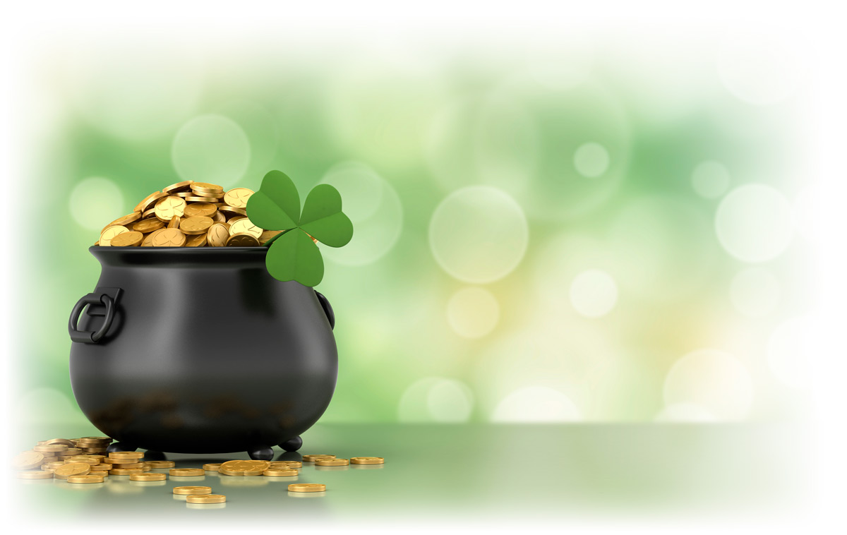 Black pot full of gold coins with shamrock