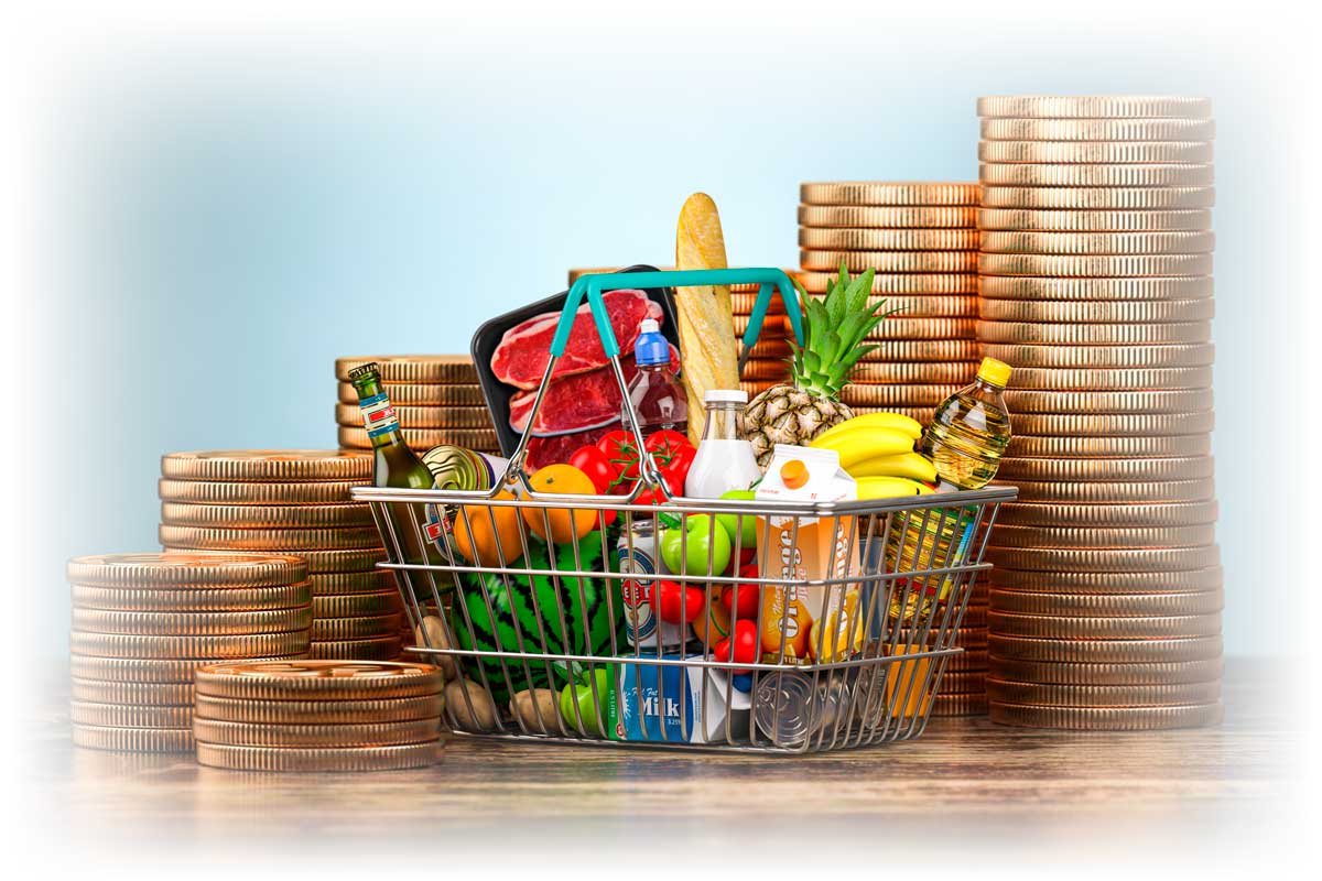 Increasingly large stacks of coins around a shopping basket full of groceries