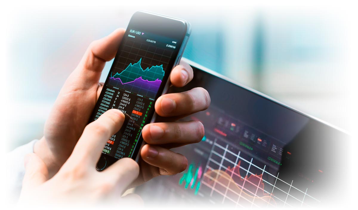 Hand holding phone displaying stock data