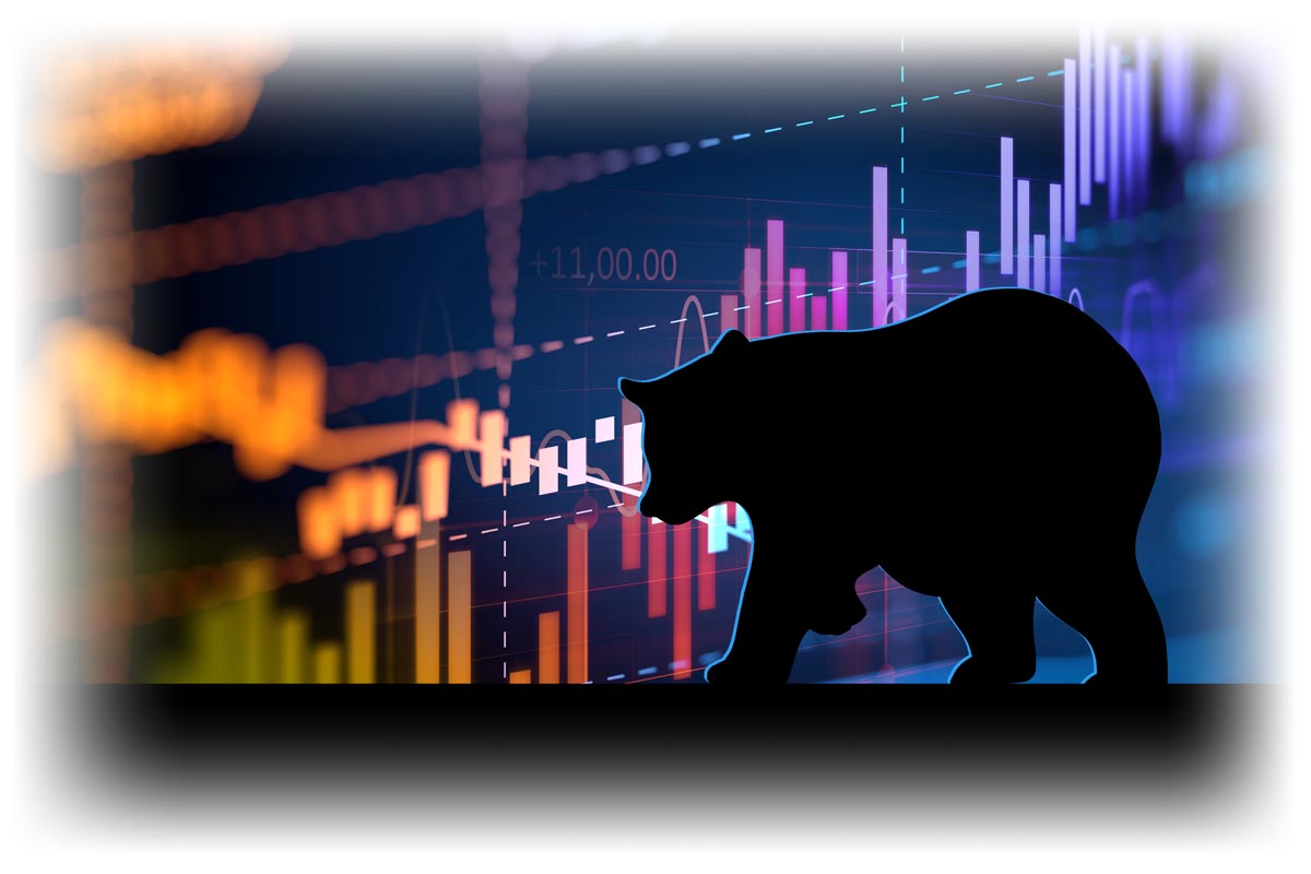 Silhouette of a bear against market data chart