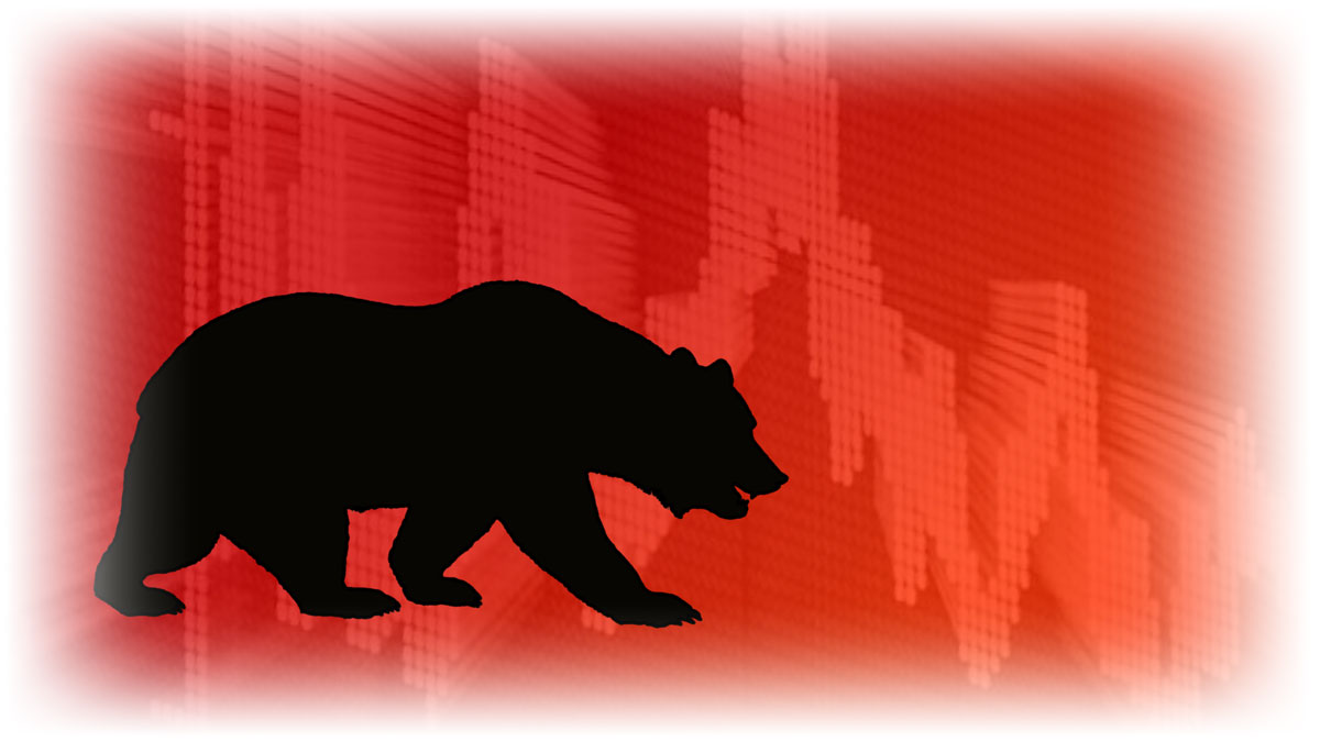 Silhouette of a bear over downward trending stock information