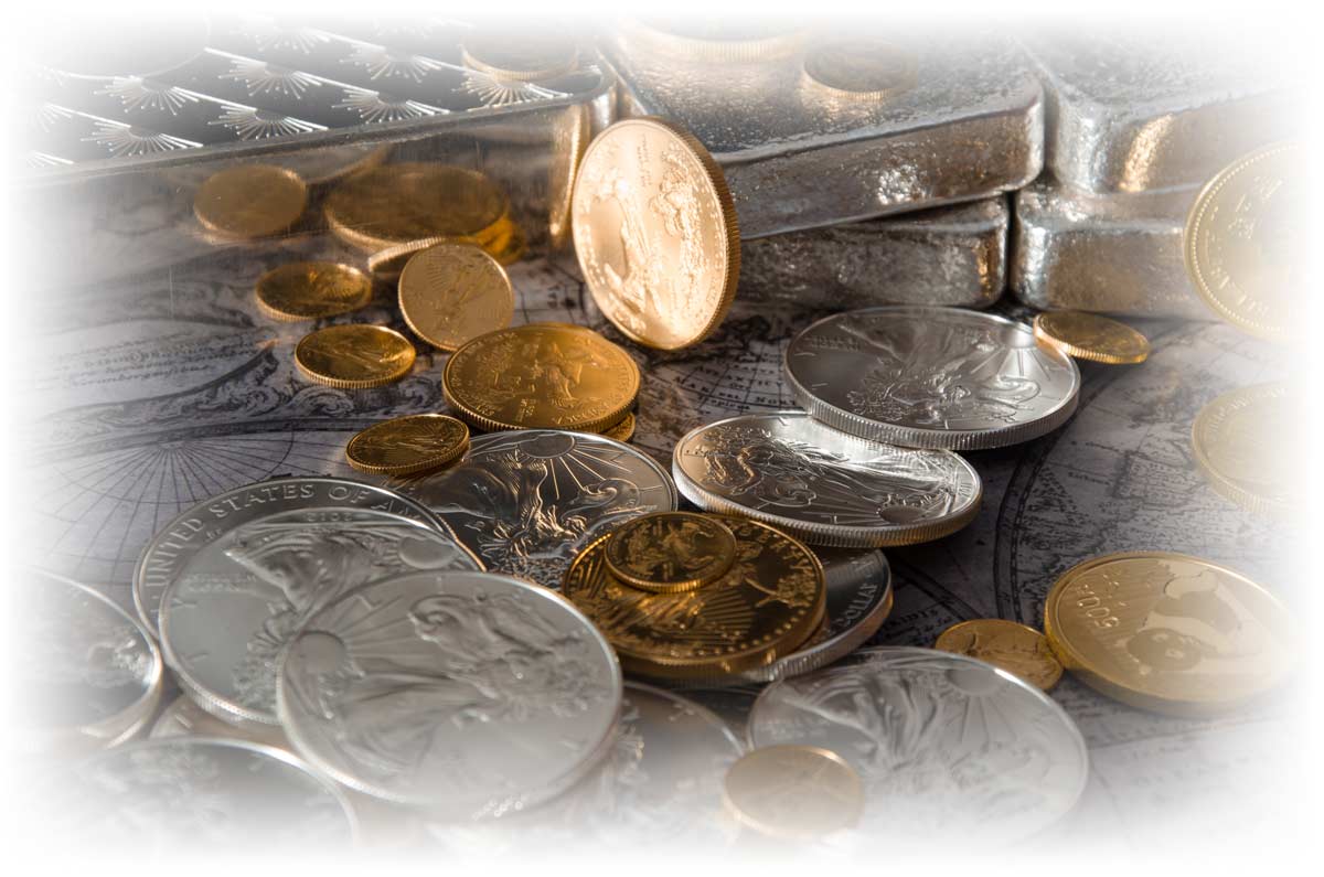 Gold and silver coins and bars