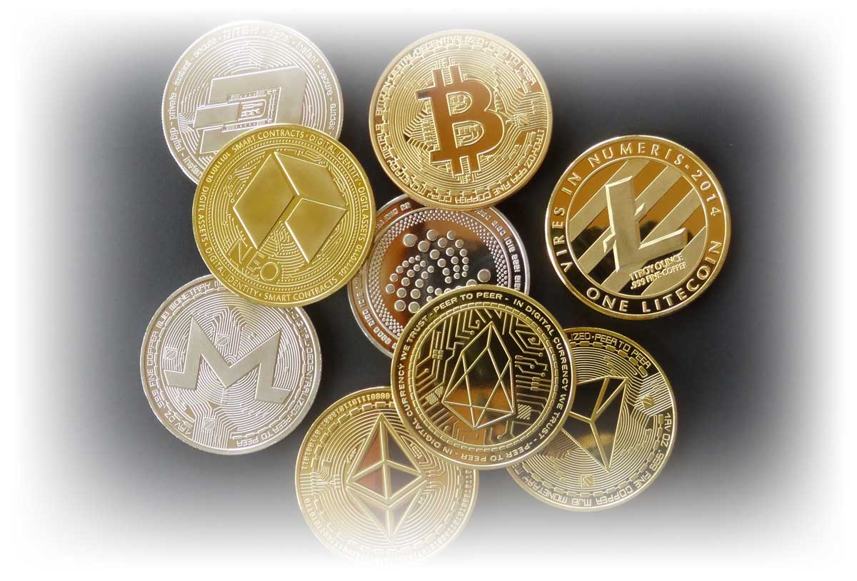 Variety of coins representing different cryprocurrencies