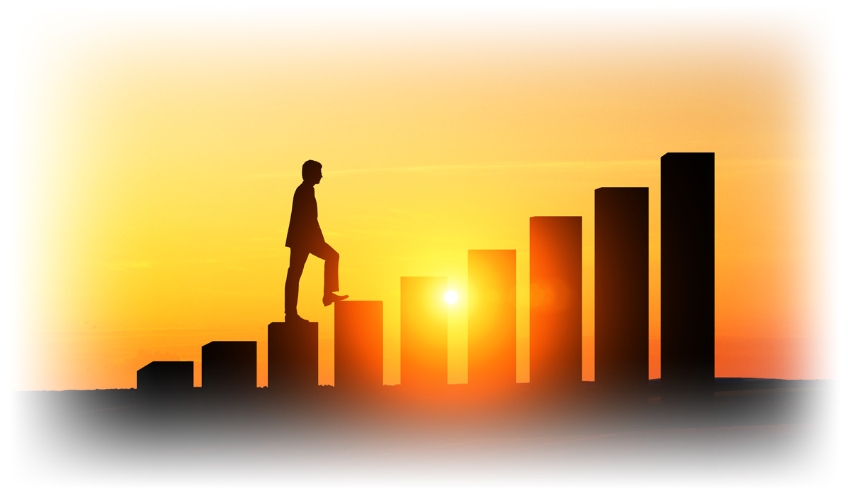 Silhouette of business man stepping along increasingly high pillars