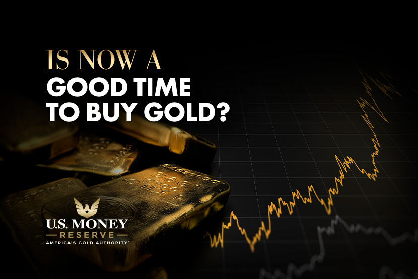 Gold bars on top of a graph with text "Is Now a Good Time To Buy Gold?"