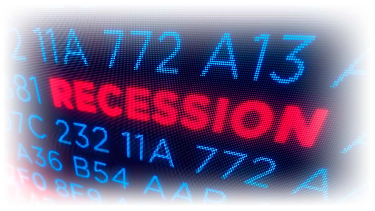 Digital data board with word “RECESSION” in red