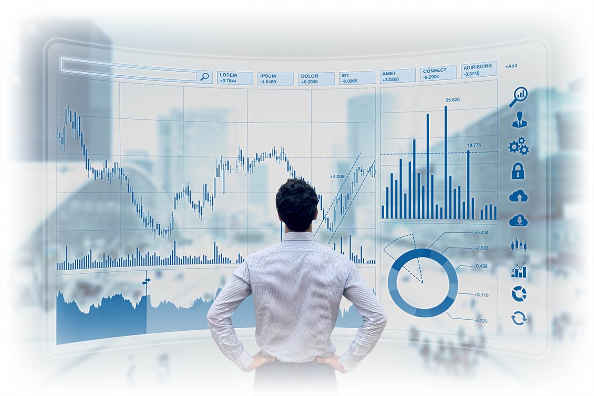 Man looking at large screen of financial information representing portfolio