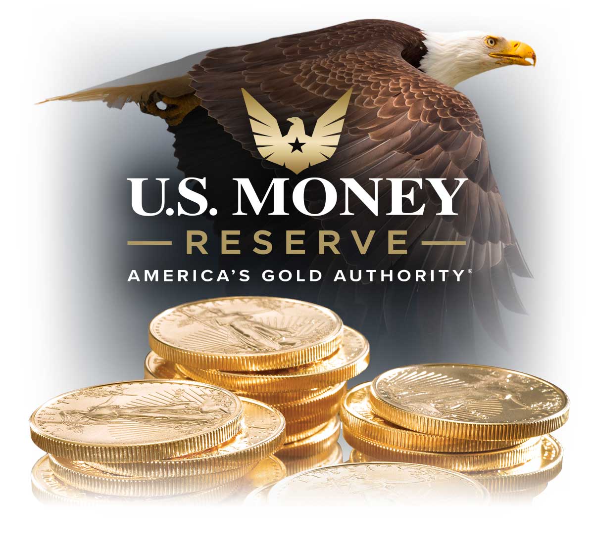 U.S. Money Reserve logo with a flying bald eagle and stacks of gold coins in the foreground