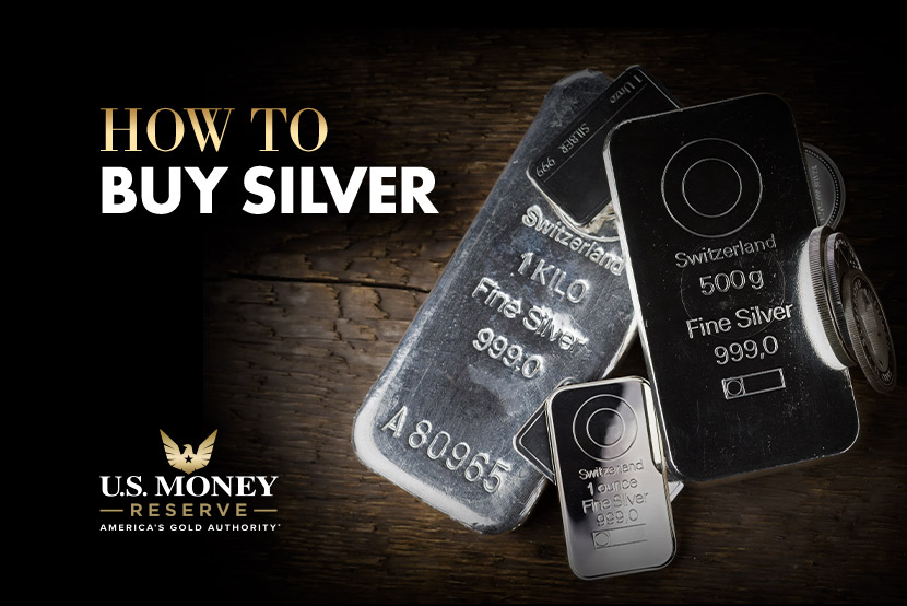 Silver bars and coins with the text "How To Buy Silver"