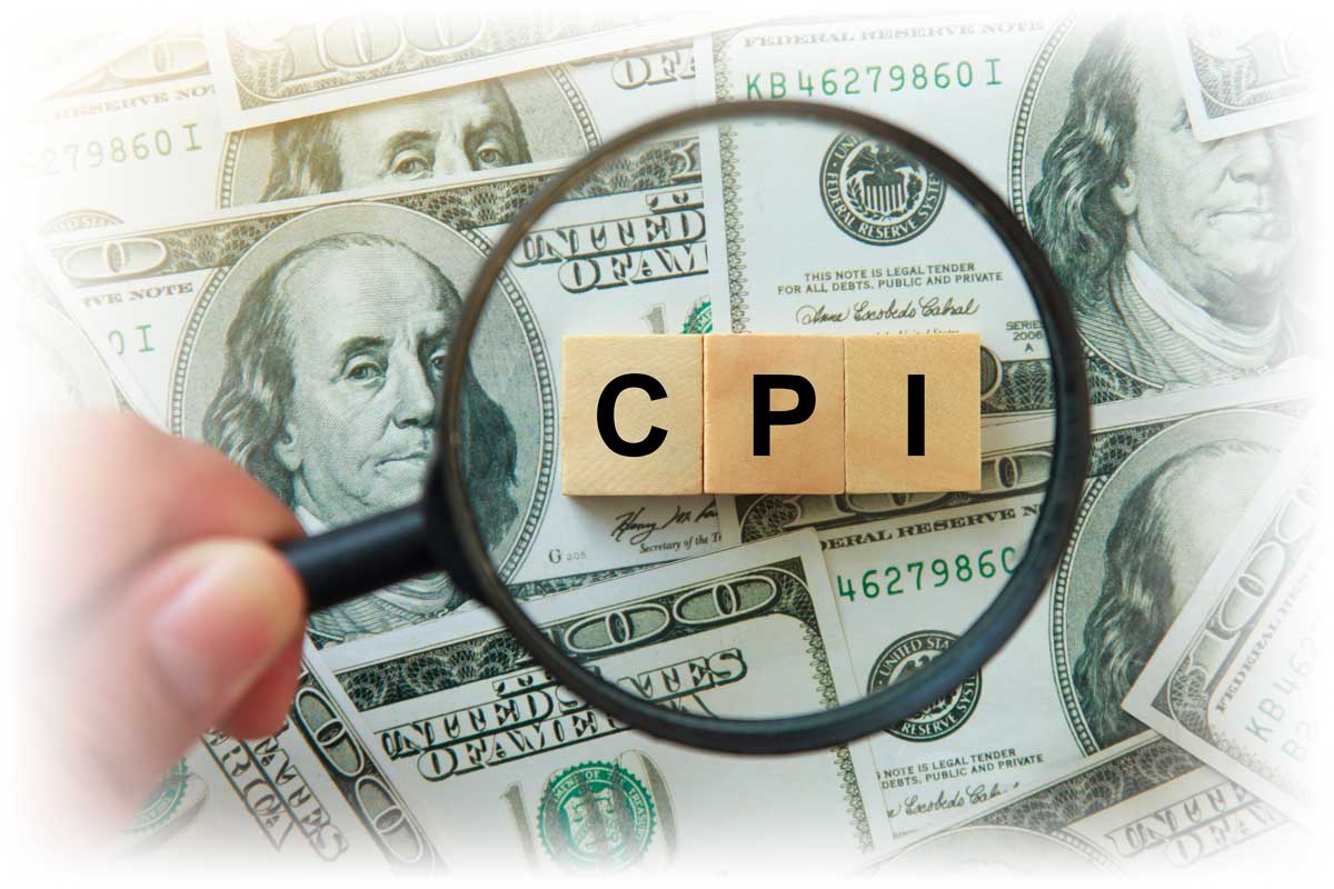 Magnifying glass over letter blocks spelling “CPI” on top of pile of $100 notes