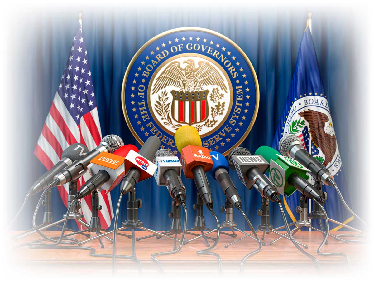 Podium with microphones in front of Federal Reserve Board of Governors seal