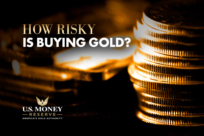 Gold coins and bars with text "How risky is buying gold?"