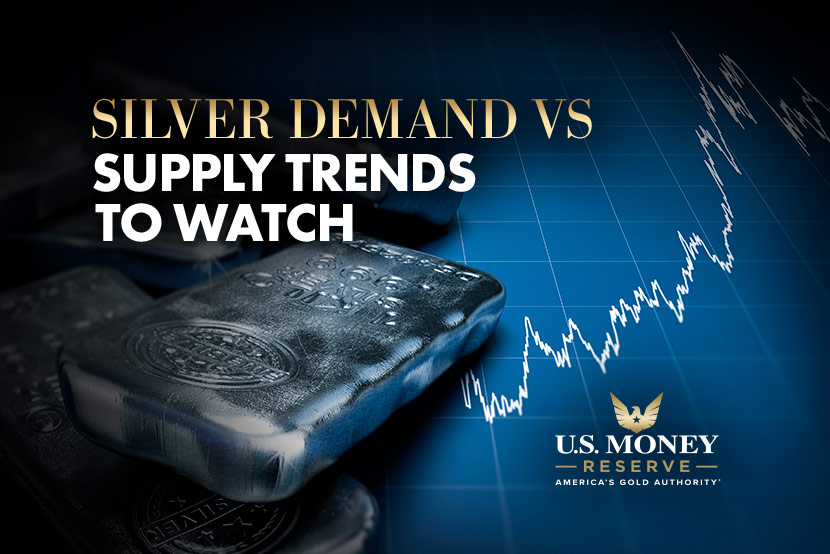 Silver bar on a blue price chart with text "Silver demand vs supply trends to watch"