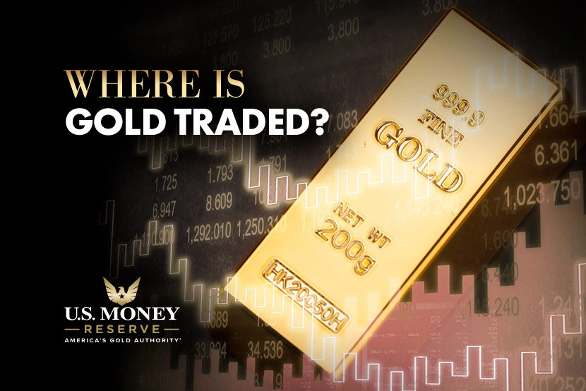Charts behind a gold bar and text "Where is Gold Traded?