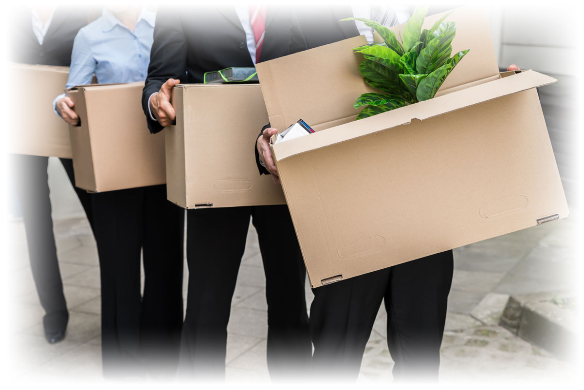 Line of business people holding cardboard boxes