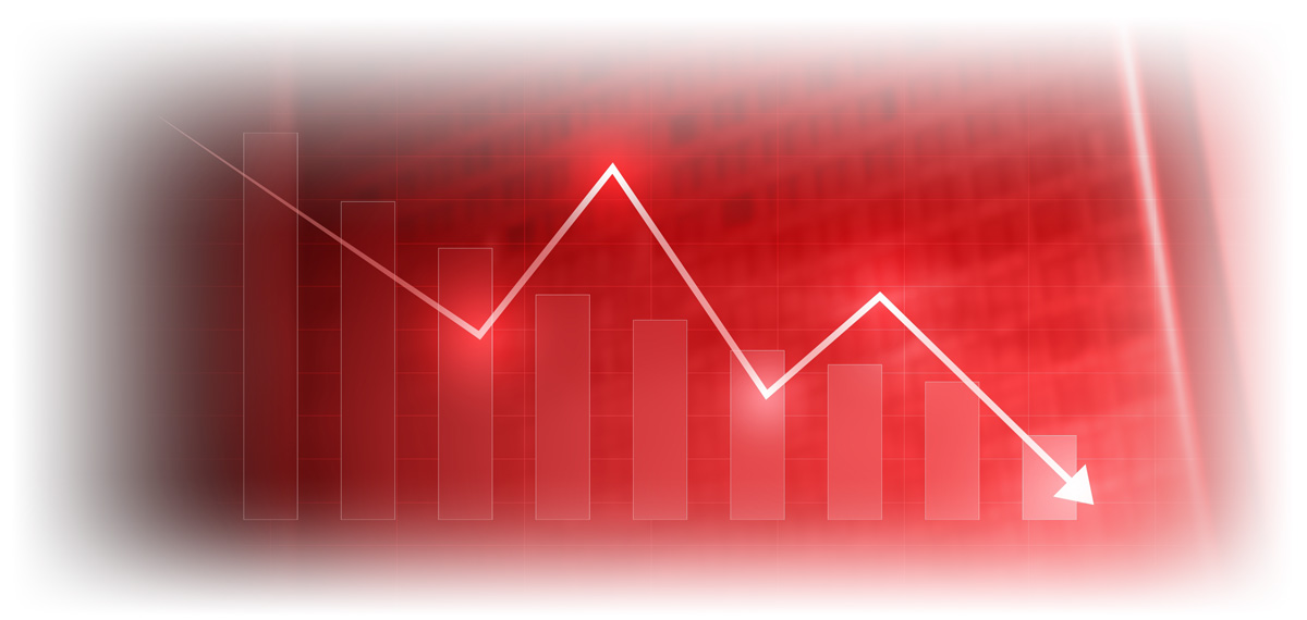 Red bar chart with downward-trending red arrow