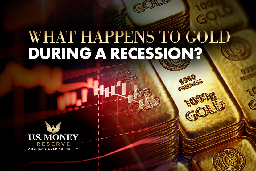 Gold bars with text "What happens to gold during a recession"