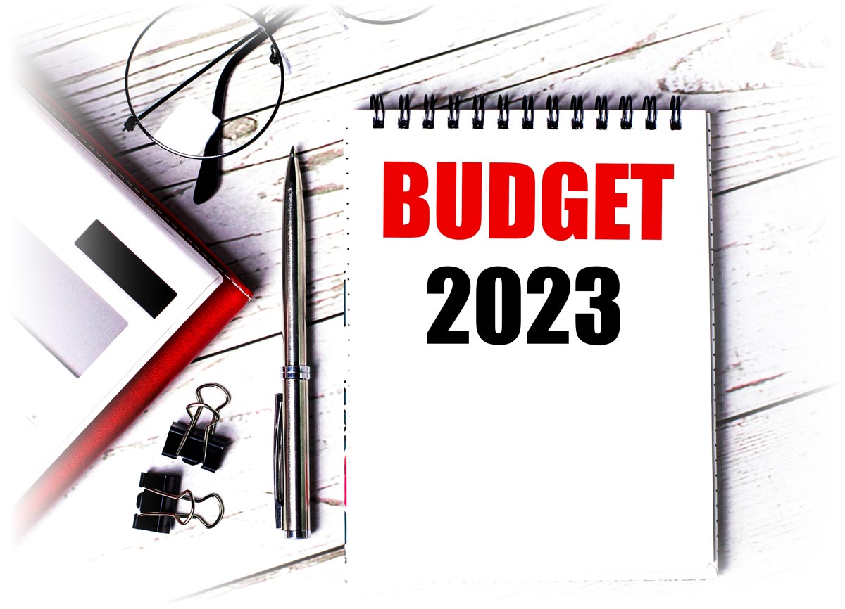 Calculator, glasses, pencil, and notepad reading "2023 BUDGET"