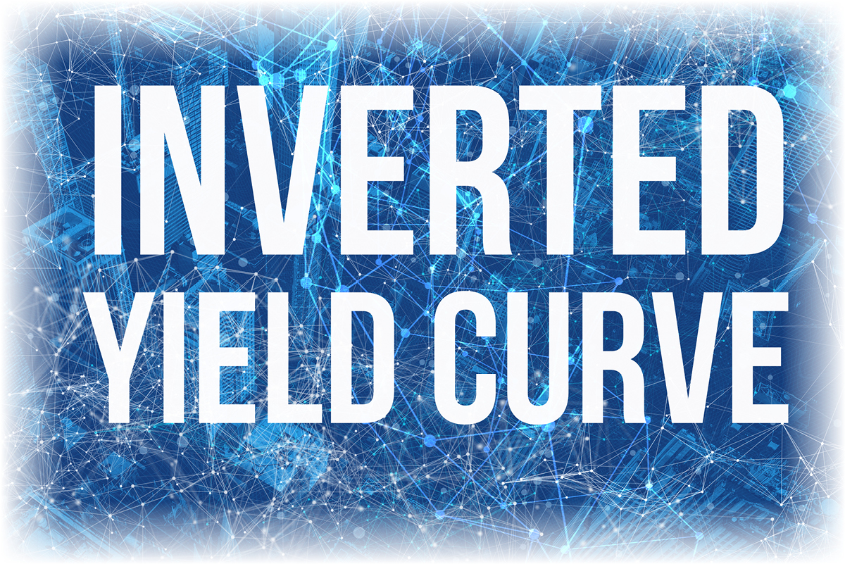 "INVERTED YIELD CURVE" over blue image of city and web of interconnected dots