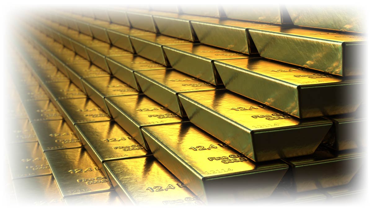 Side view of pyramid of gold bars