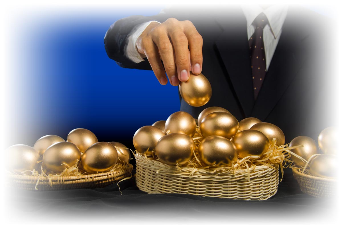 Man in suit separating golden eggs into three baskets