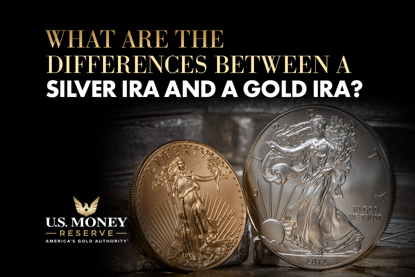 Gold and silver coin with text "what are the differences between a silver IRA and a gold IRA?"