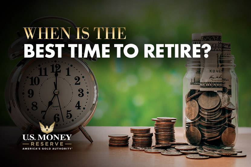 Money in a jar next to a clock with text "when is the best time to retire?"