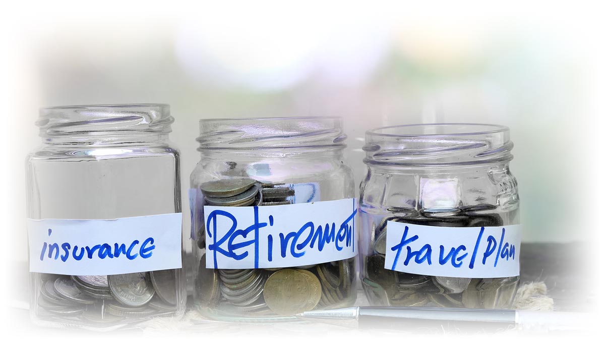 Change jars labeled "insurance," "retirement," and "travel plan"