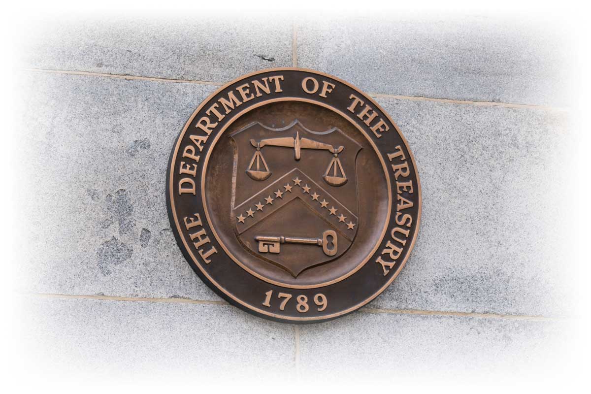 U.S. Department of Treasury seal on Treasury building in Washington, D.C.