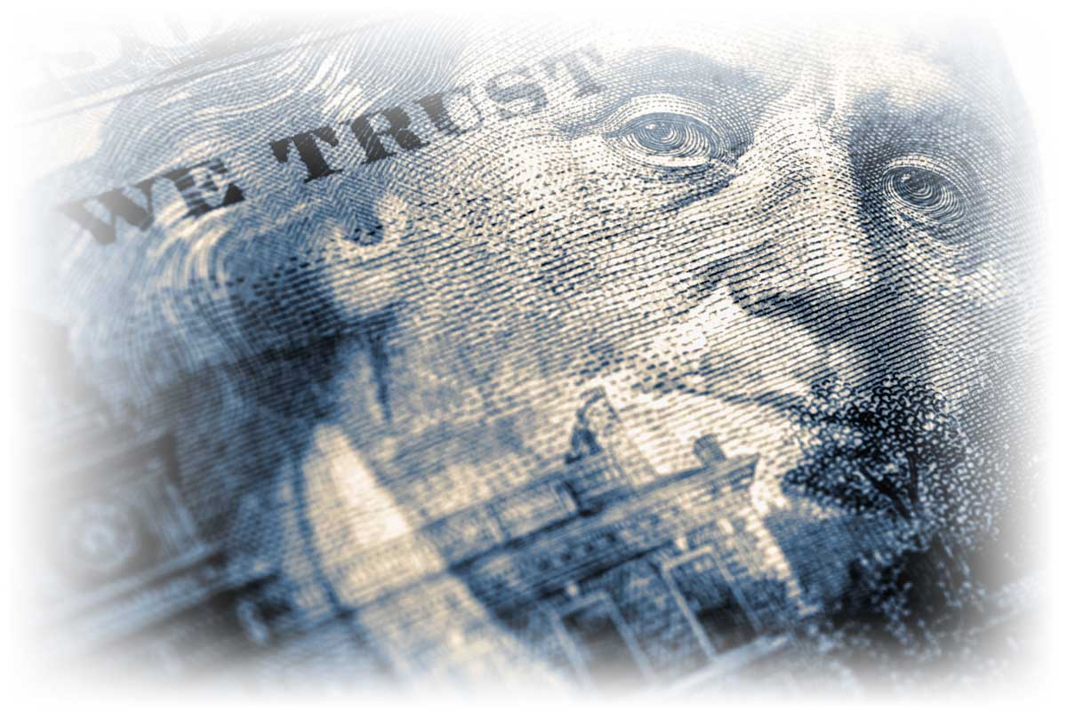 Franklin portrait from $100 note superimposed over back of $100 note