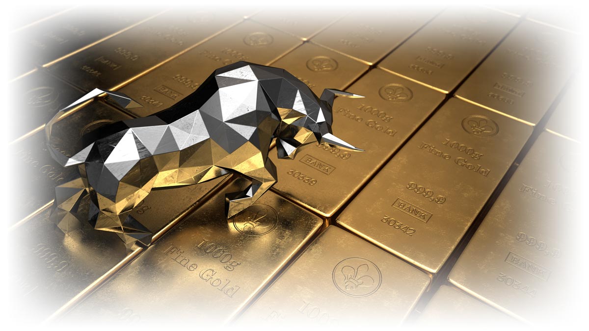 Metal bull striding over rows of gold bars