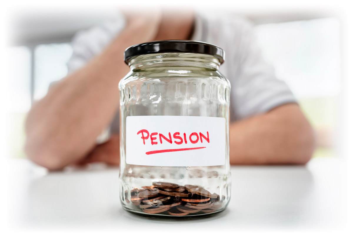 Nearly-empty coin jar labeled "PENSION"