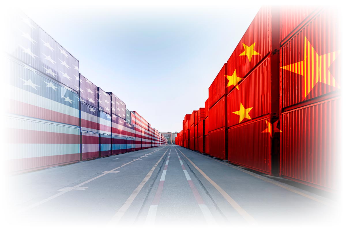 Two rows of shipping containers overlayed with images of American and Chinese flag, respectively