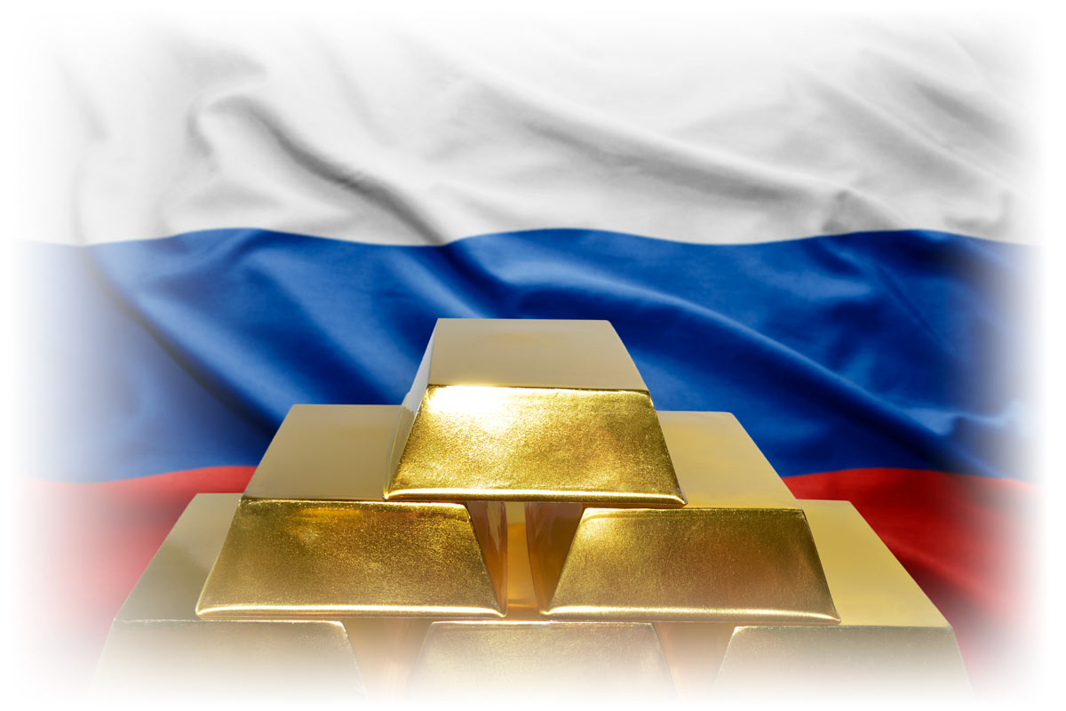 Stack of gold bars in front of Russian flag