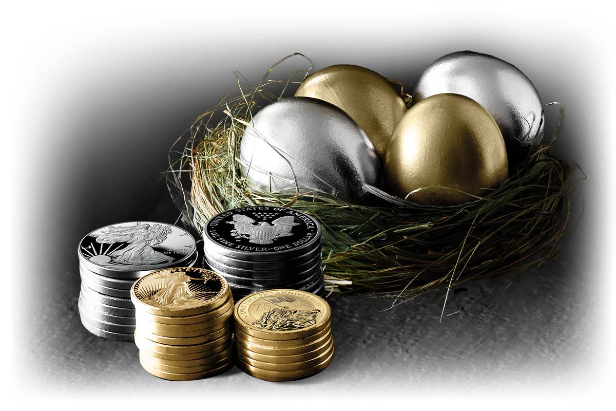 Gold and Silver Eggs in Nest With Stack of Coins
