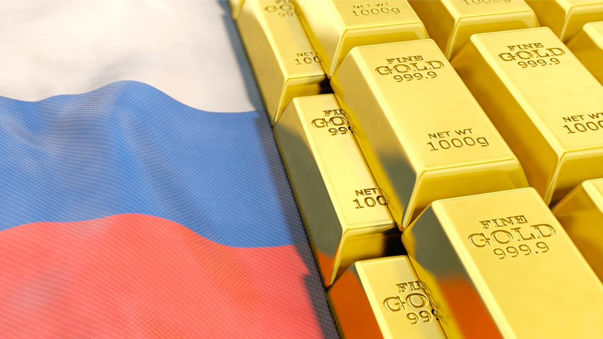 Gold bars over Russian flag