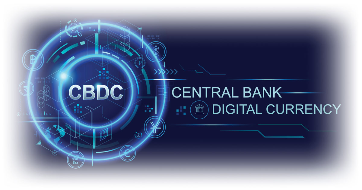 Letters "CBDC" surrounded by currency symbols and "CENTRAL BANK DIGITAL CURRENCY"