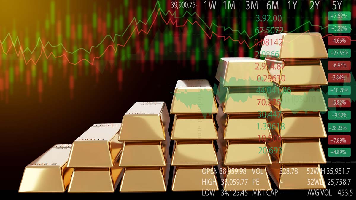 Increasingly large stacks of gold with stock data