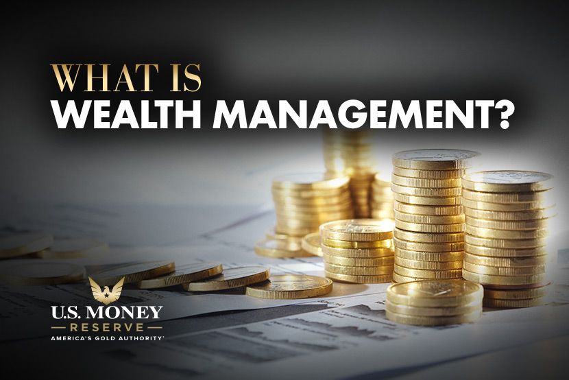 Gold coins stacked on financial paperwork with text "What is Wealth Management?"