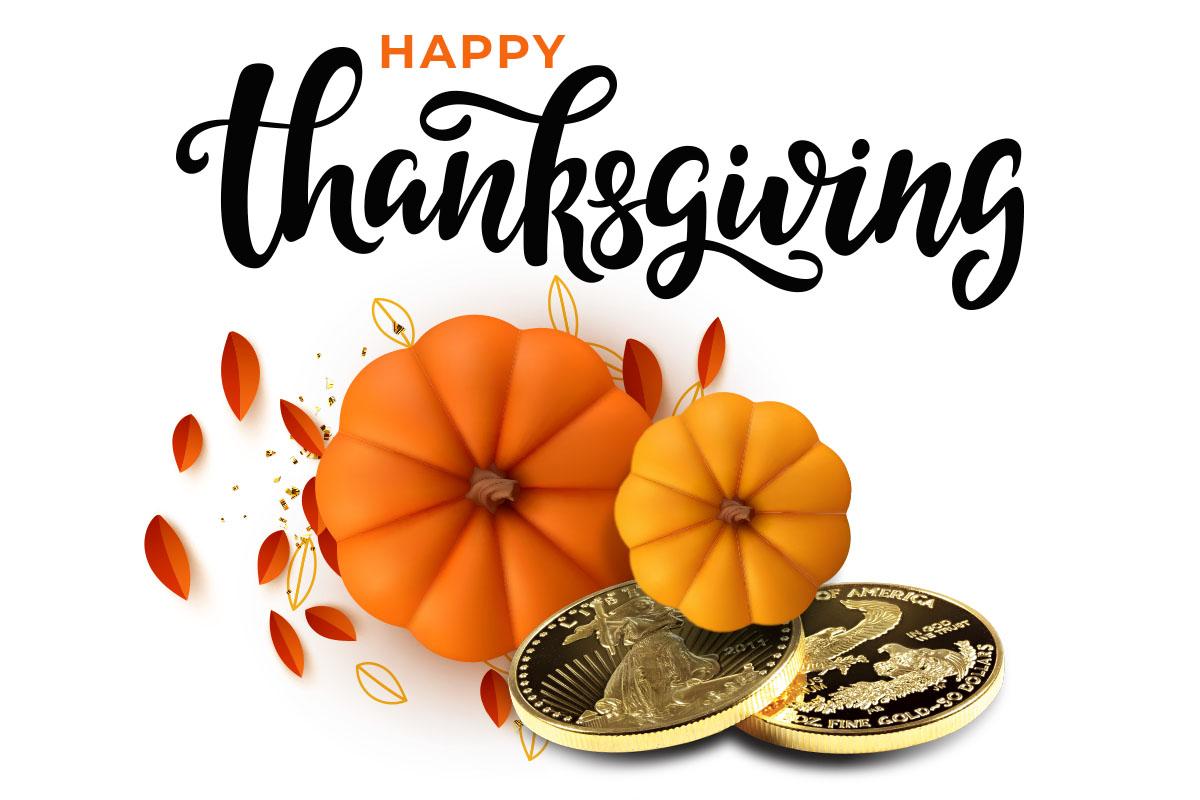 Happy Thanksgiving with pumpkins and Gold American Eagle coins