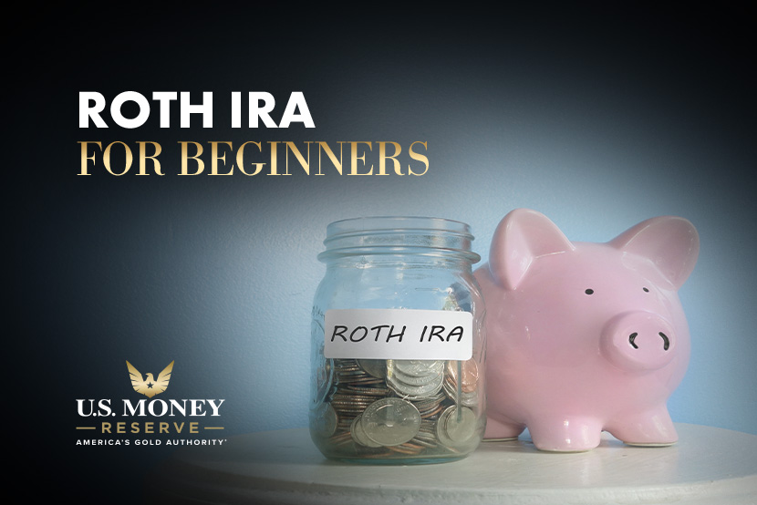 Piggy bank and change in a jar labeled Roth IRA with text "Roth IRA for Beginners"