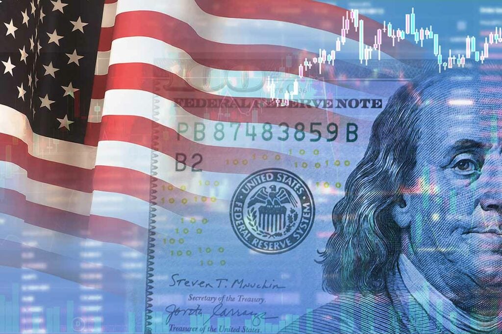 U.S. flag, $100 note, and stock data